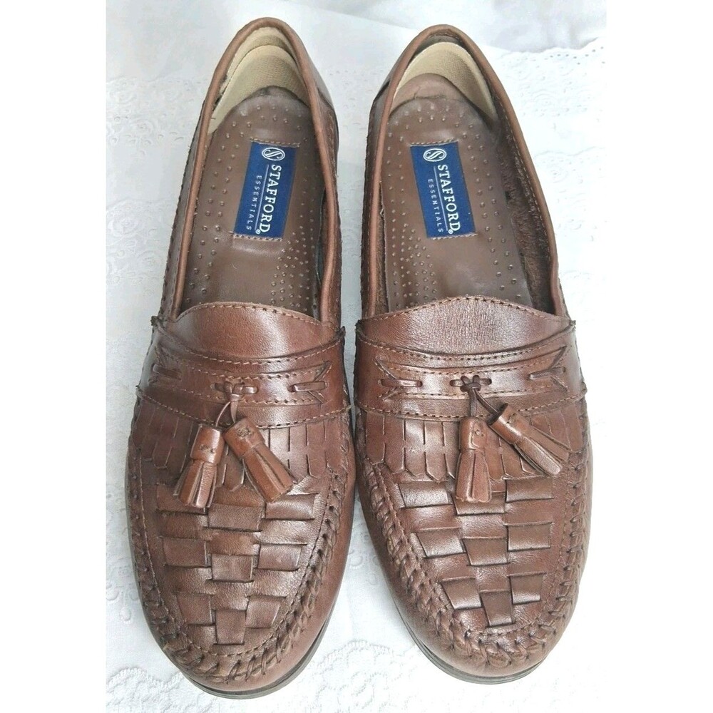 Mens Stafford Brown Weave Leather Slip On Oxford Dress Tassel 9.5D Comfort Event